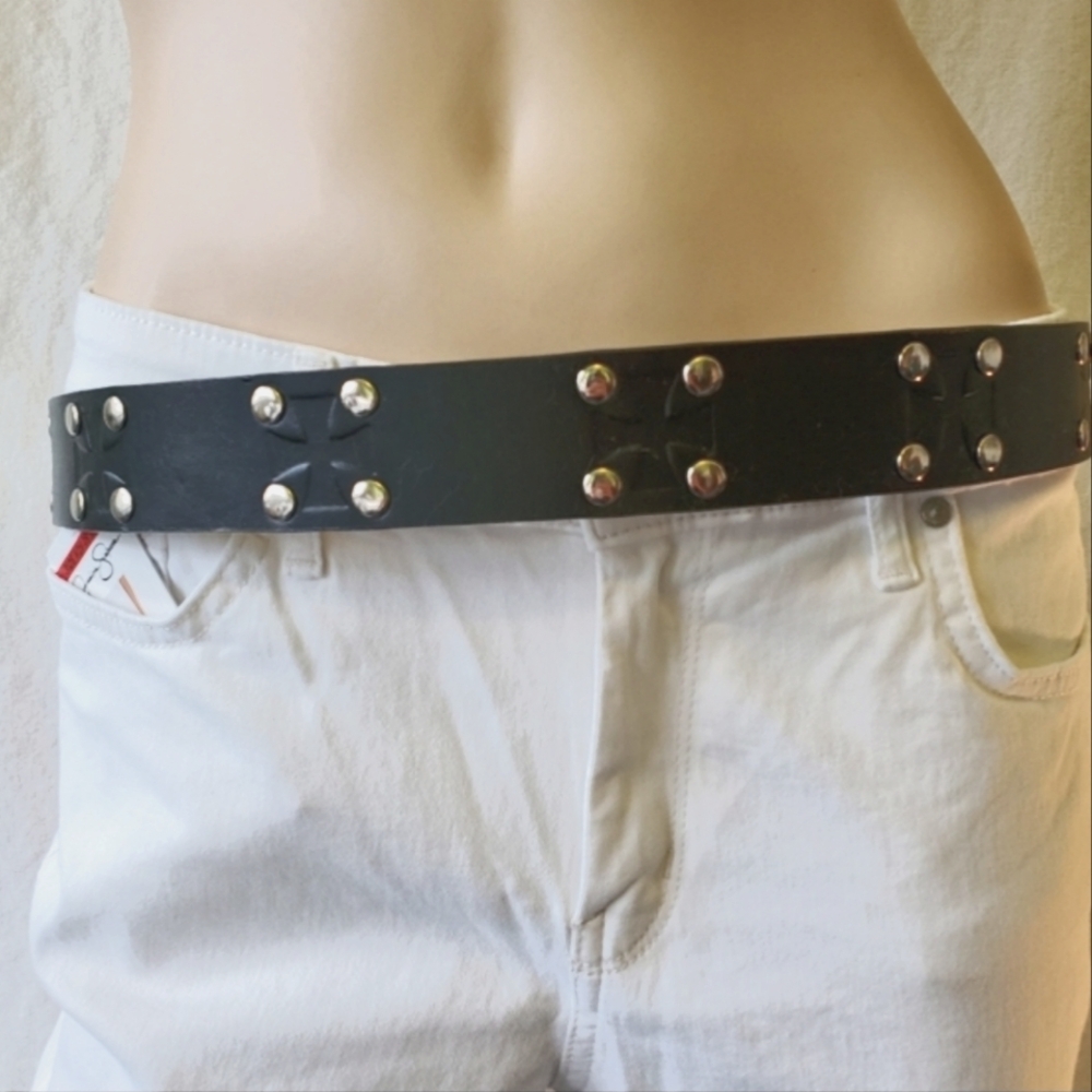 Bonded Leather Belt with Cross and Round Studs